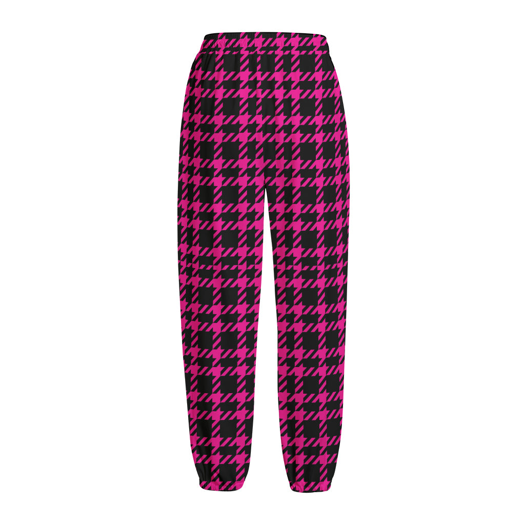 Hot Pink And Black Houndstooth Print Fleece Lined Knit Pants