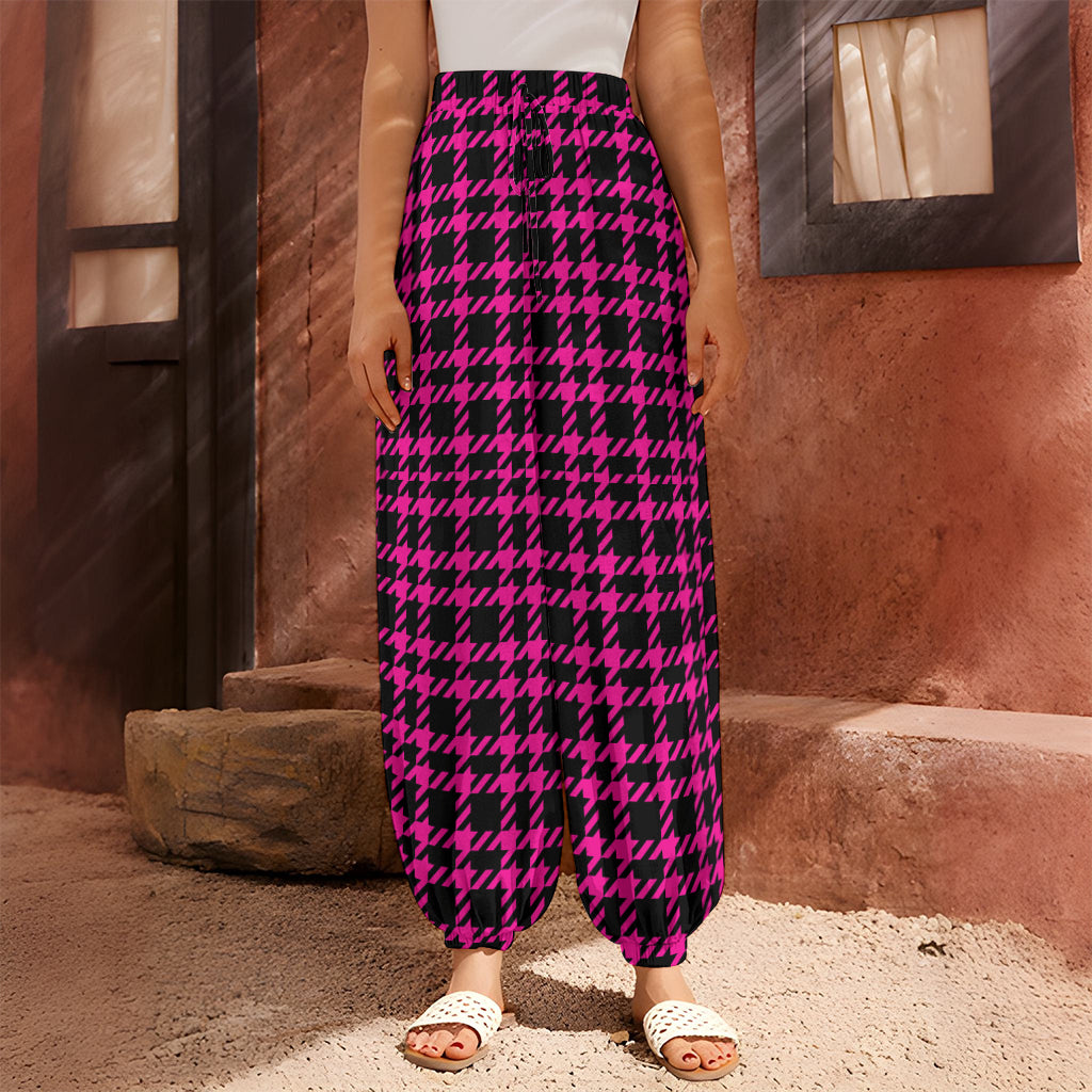 Hot Pink And Black Houndstooth Print Harem Pants