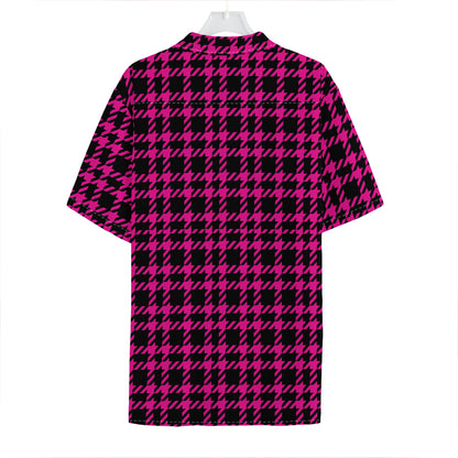 Hot Pink And Black Houndstooth Print Hawaiian Shirt