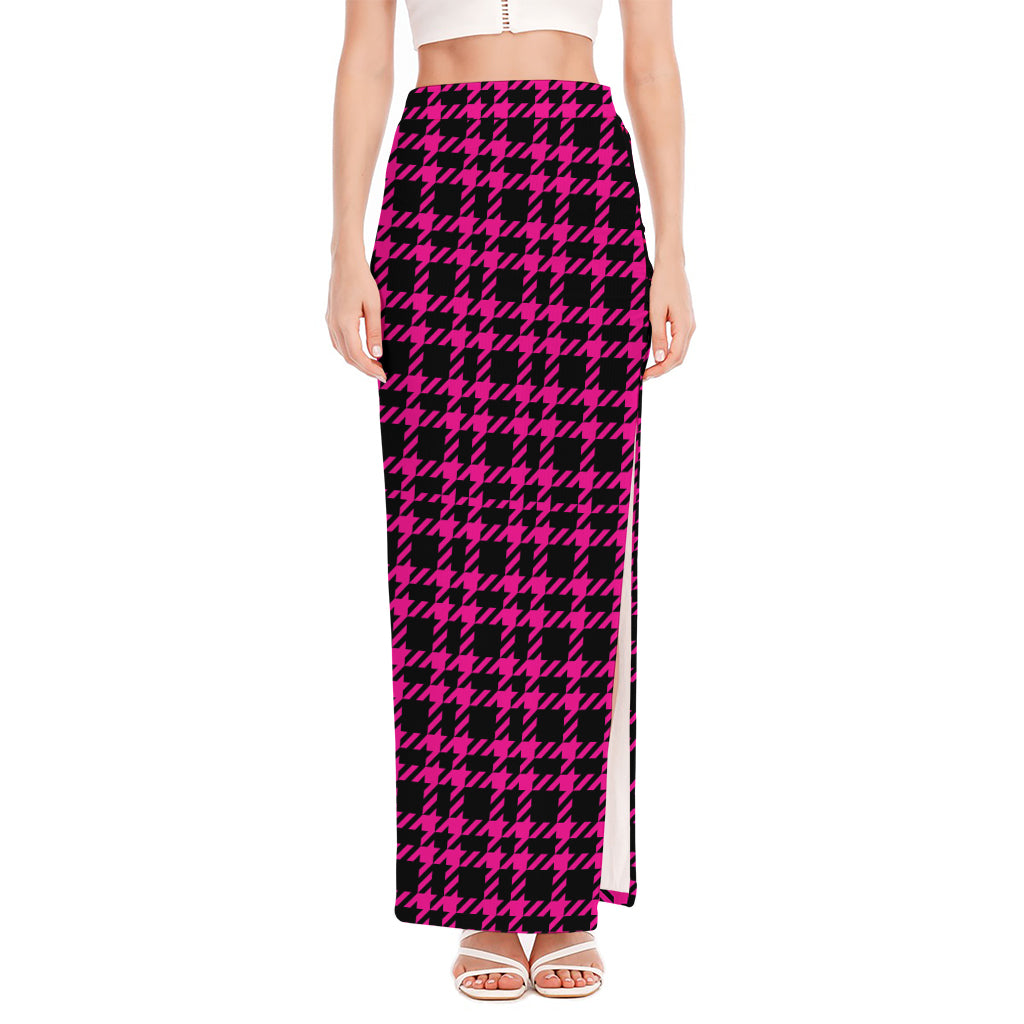 Hot Pink And Black Houndstooth Print High Slit Maxi Skirt