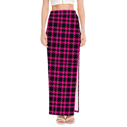 Hot Pink And Black Houndstooth Print High Slit Maxi Skirt