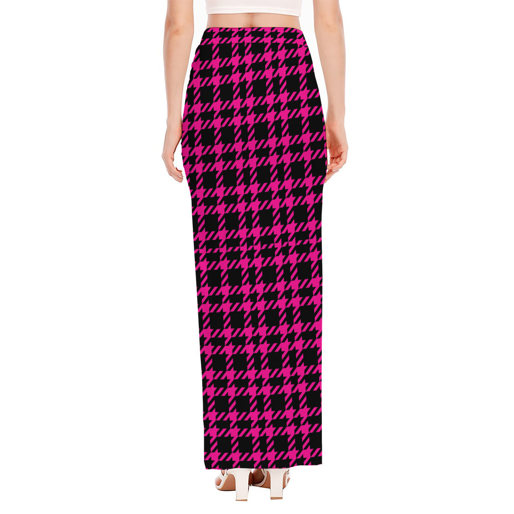 Hot Pink And Black Houndstooth Print High Slit Maxi Skirt