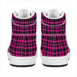 Hot Pink And Black Houndstooth Print High Top Leather Sneakers