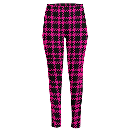 Hot Pink And Black Houndstooth Print High-Waisted Pocket Leggings