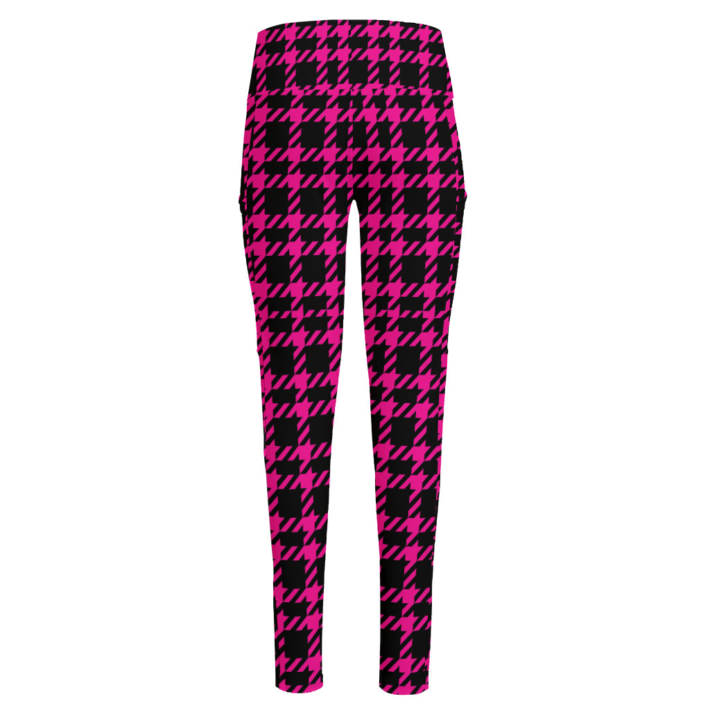 Hot Pink And Black Houndstooth Print High-Waisted Pocket Leggings