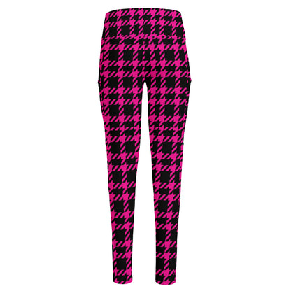 Hot Pink And Black Houndstooth Print High-Waisted Pocket Leggings