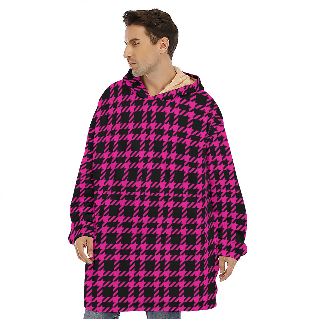 Hot Pink And Black Houndstooth Print Hoodie Blanket