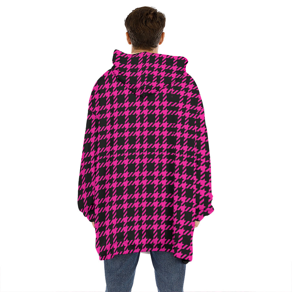 Hot Pink And Black Houndstooth Print Hoodie Blanket