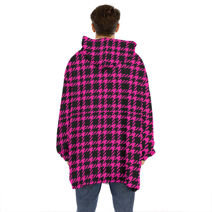 Hot Pink And Black Houndstooth Print Hoodie Blanket