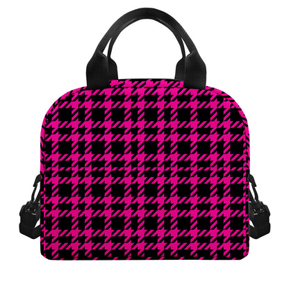 Hot Pink And Black Houndstooth Print Insulated Lunch Bag