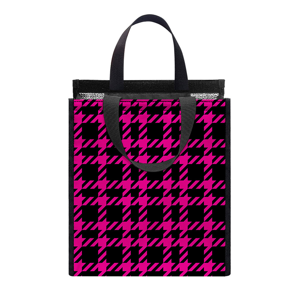 Hot Pink And Black Houndstooth Print Insulated Lunch Tote