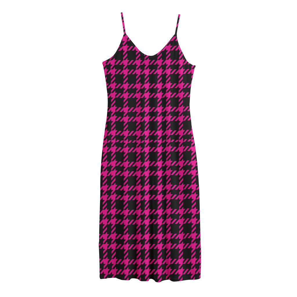 Hot Pink And Black Houndstooth Print Jersey Midi Cami Dress
