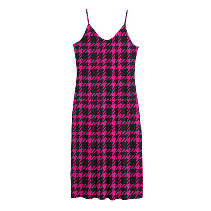 Hot Pink And Black Houndstooth Print Jersey Midi Cami Dress