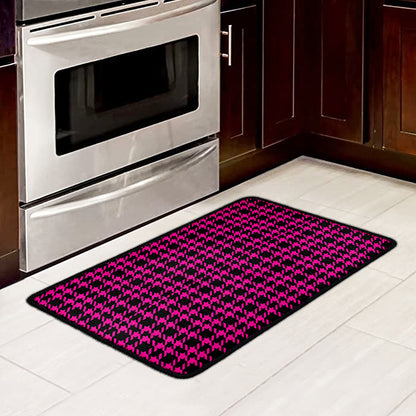 Hot Pink And Black Houndstooth Print Kitchen Mat