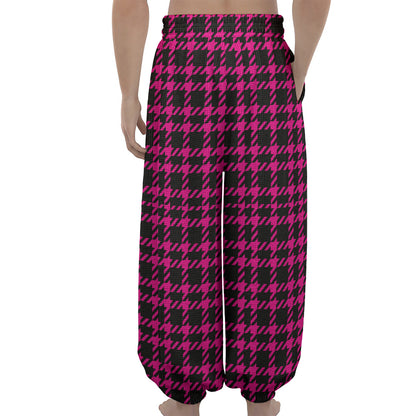 Hot Pink And Black Houndstooth Print Lantern Pants