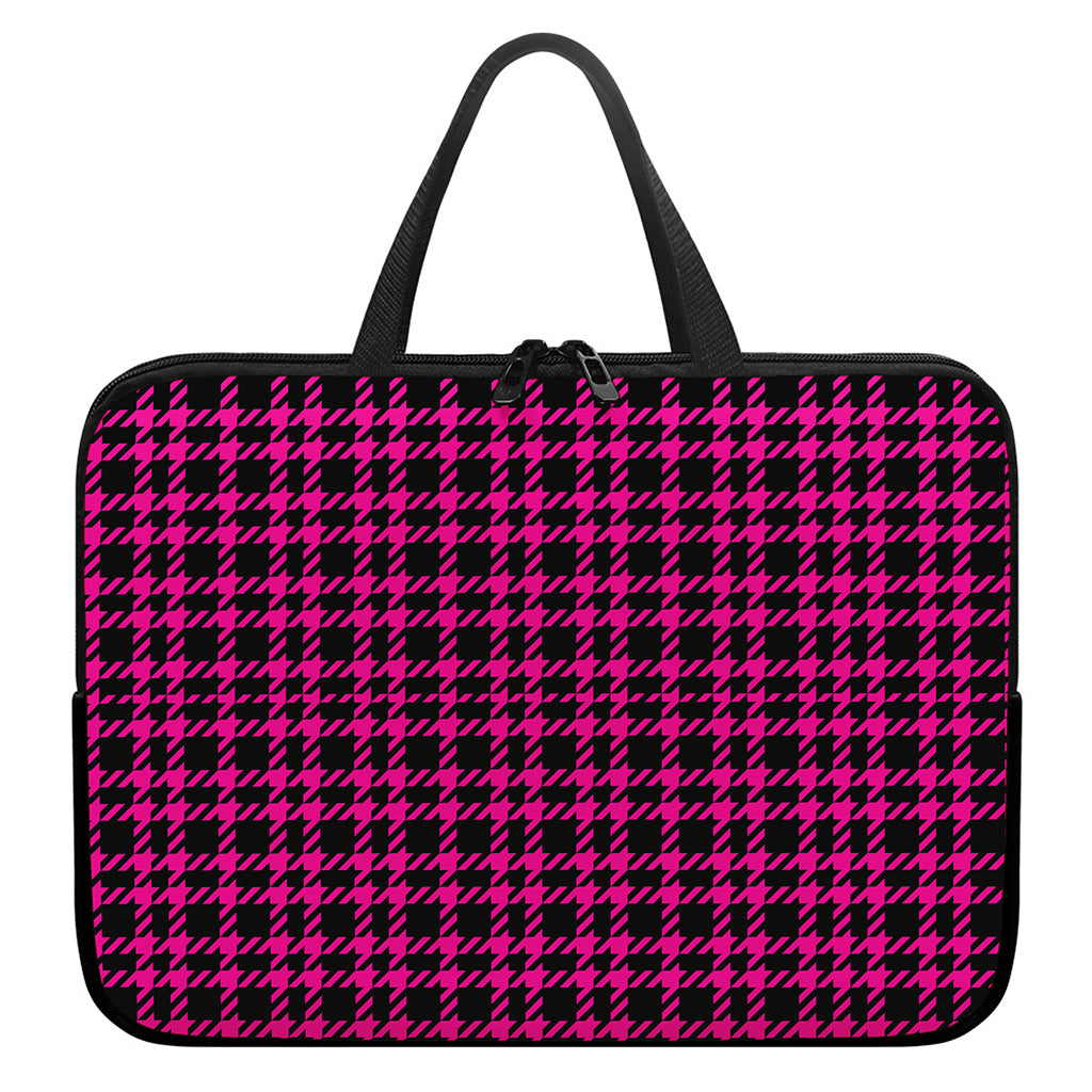 Hot Pink And Black Houndstooth Print Laptop Sleeve With Handle