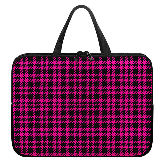 Hot Pink And Black Houndstooth Print Laptop Sleeve With Handle