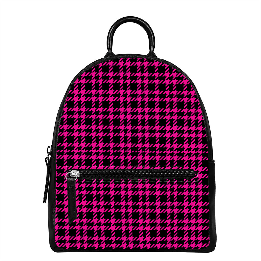 Hot Pink And Black Houndstooth Print Leather Backpack