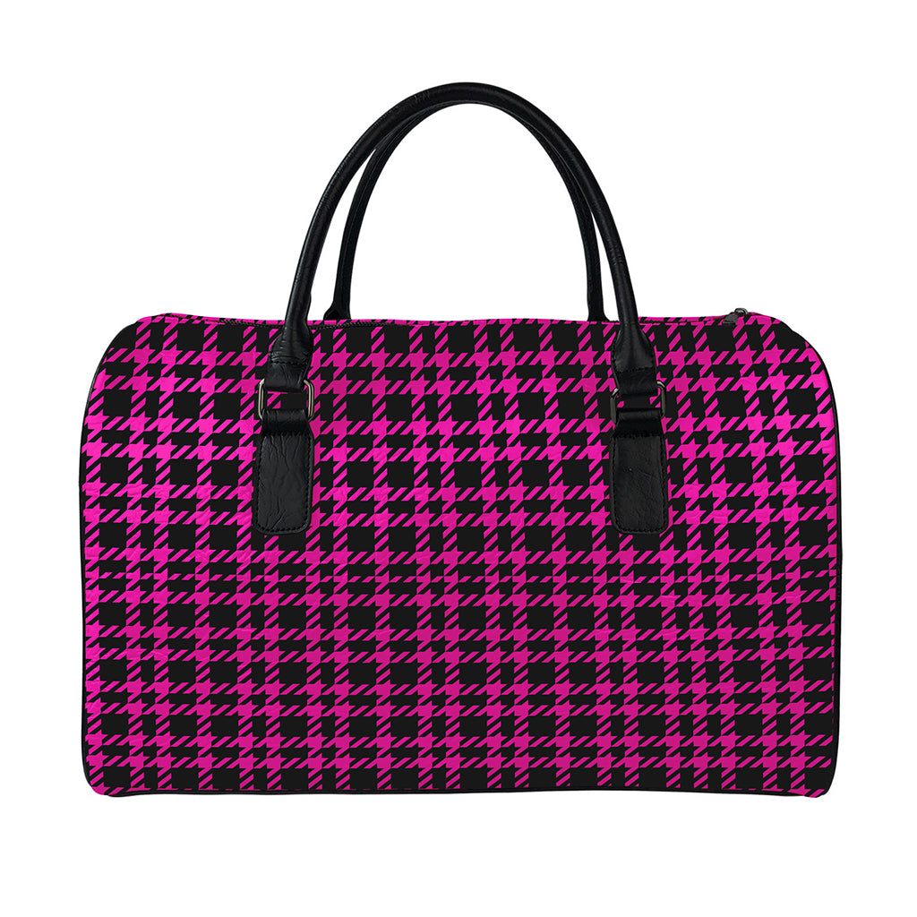 Hot Pink And Black Houndstooth Print Leather Duffle Bag
