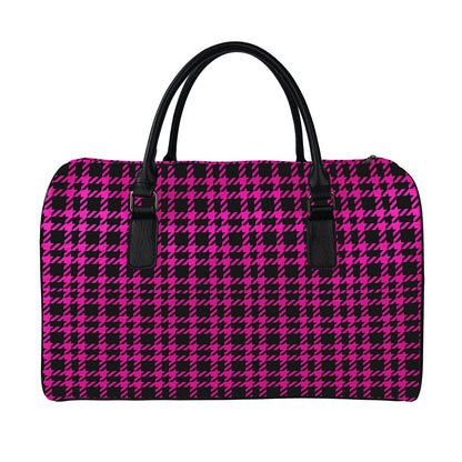 Hot Pink And Black Houndstooth Print Leather Duffle Bag