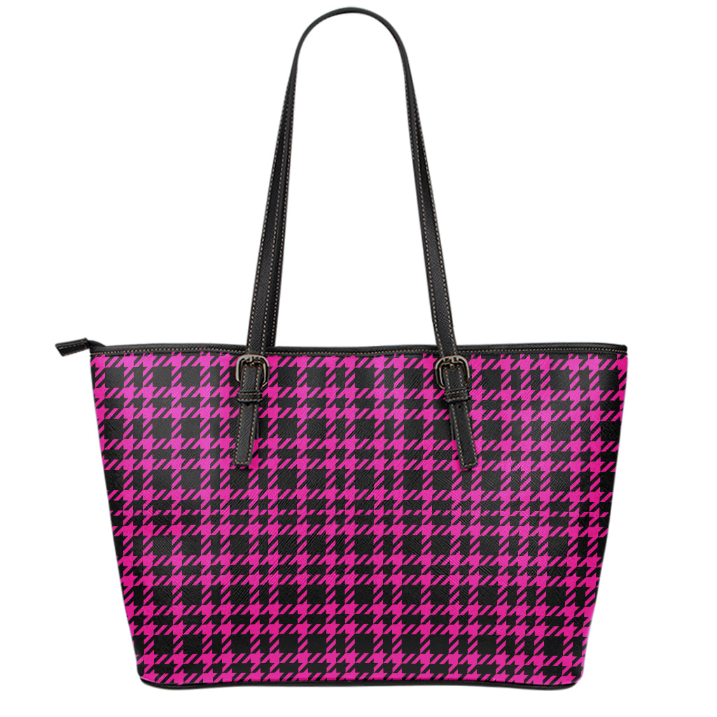 Hot Pink And Black Houndstooth Print Leather Tote Bag