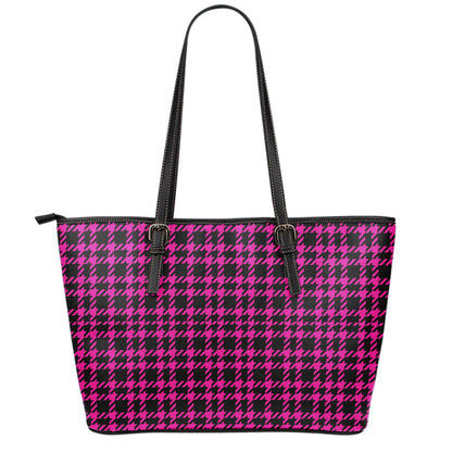 Hot Pink And Black Houndstooth Print Leather Tote Bag