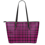 Hot Pink And Black Houndstooth Print Leather Tote Bag