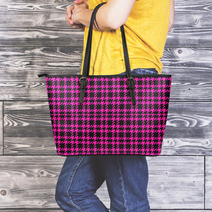 Hot Pink And Black Houndstooth Print Leather Tote Bag
