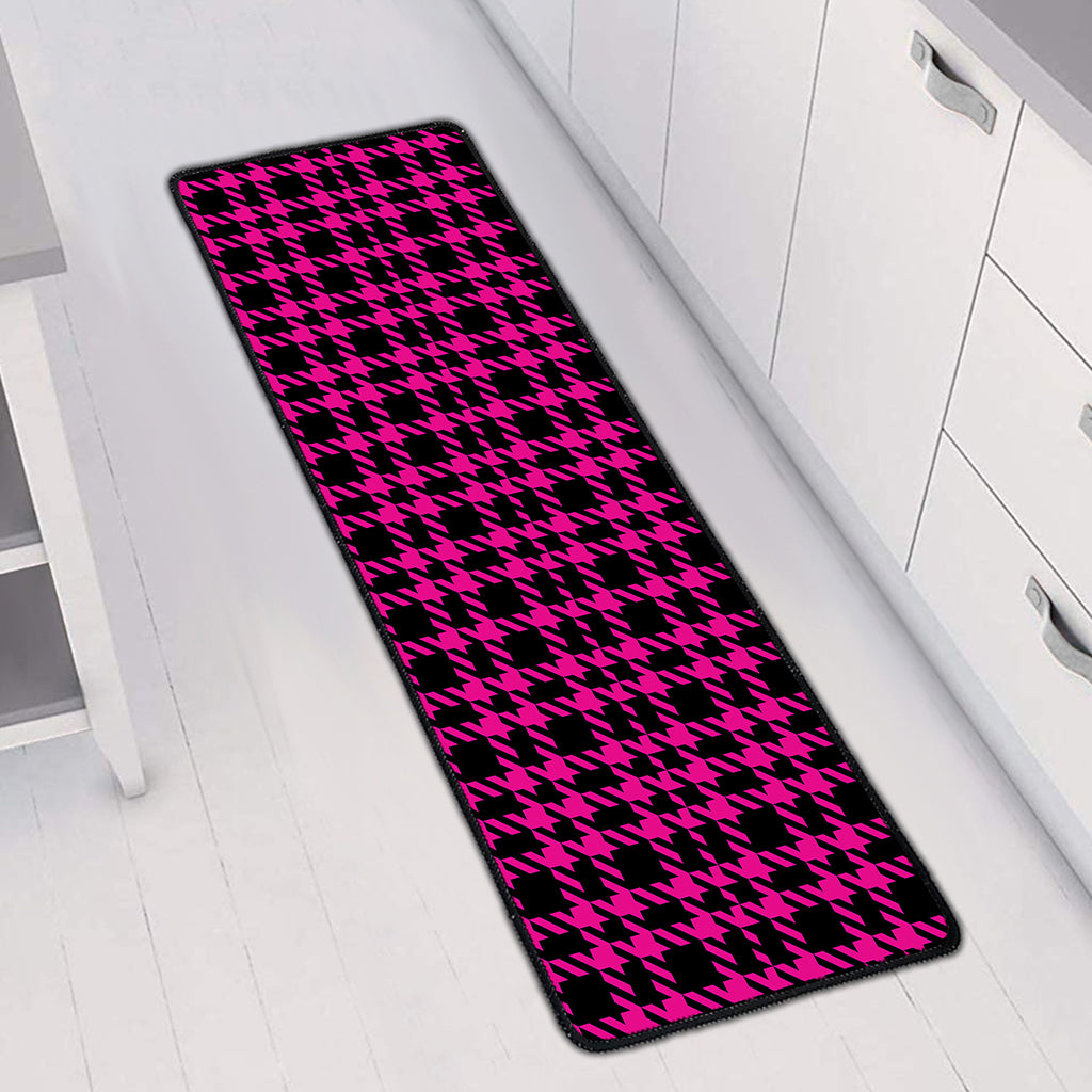 Hot Pink And Black Houndstooth Print Long Kitchen Mat