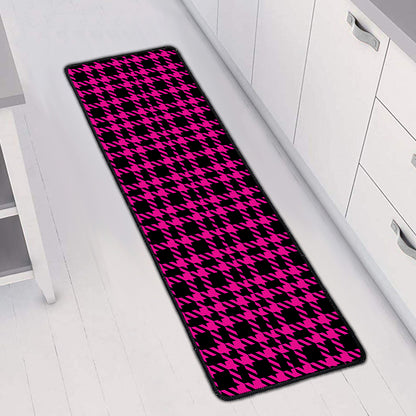 Hot Pink And Black Houndstooth Print Long Kitchen Mat