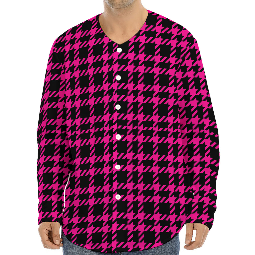 Hot Pink And Black Houndstooth Print Long Sleeve Baseball Jersey