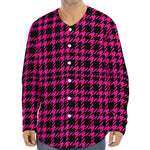 Hot Pink And Black Houndstooth Print Long Sleeve Baseball Jersey