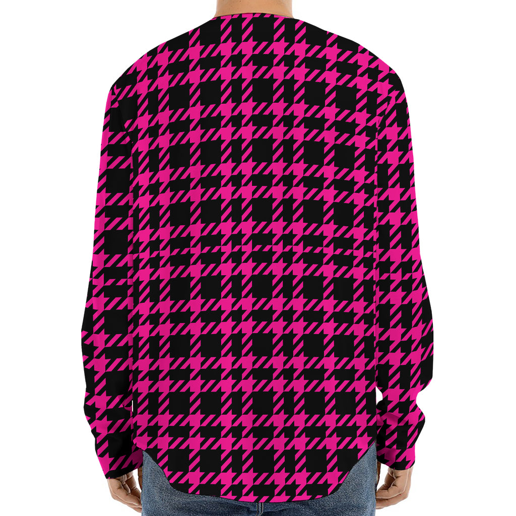 Hot Pink And Black Houndstooth Print Long Sleeve Baseball Jersey