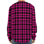 Hot Pink And Black Houndstooth Print Long Sleeve Baseball Jersey