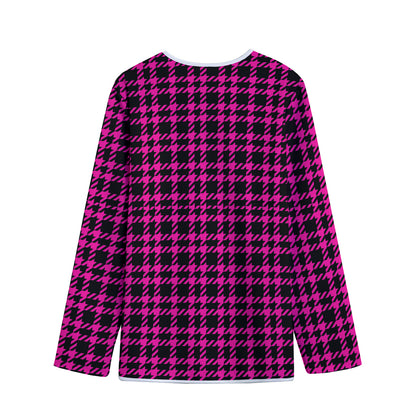 Hot Pink And Black Houndstooth Print Long Sleeve Short Coat