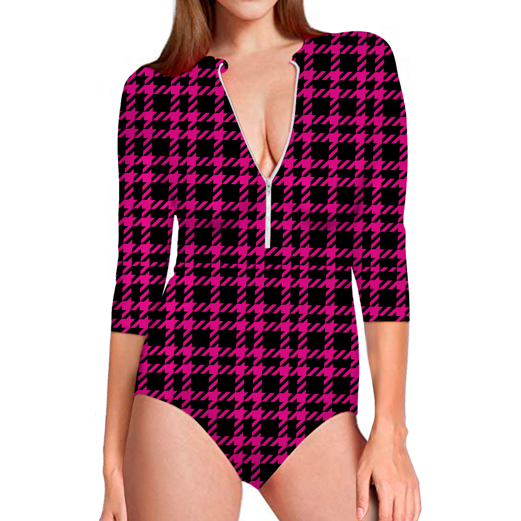 Hot Pink And Black Houndstooth Print Long Sleeve Swimsuit