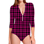 Hot Pink And Black Houndstooth Print Long Sleeve Swimsuit
