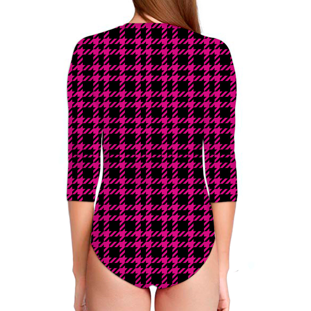 Hot Pink And Black Houndstooth Print Long Sleeve Swimsuit