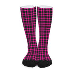 Hot Pink And Black Houndstooth Print Long Socks