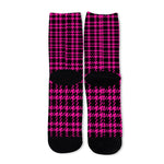 Hot Pink And Black Houndstooth Print Long Socks