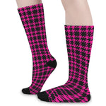Hot Pink And Black Houndstooth Print Long Socks