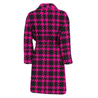 Hot Pink And Black Houndstooth Print Men's Bathrobe