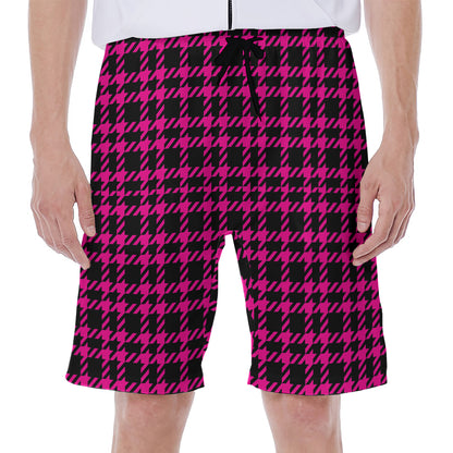 Hot Pink And Black Houndstooth Print Men's Beach Shorts
