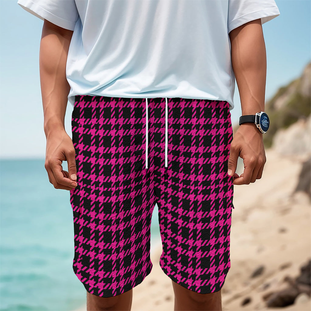 Hot Pink And Black Houndstooth Print Men's Cargo Shorts