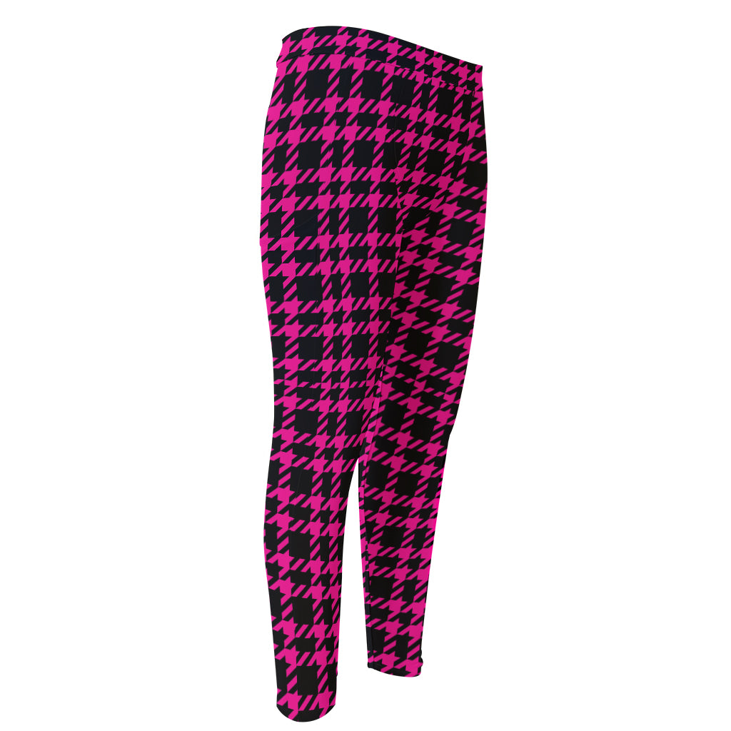 Hot Pink And Black Houndstooth Print Men's Compression Pants