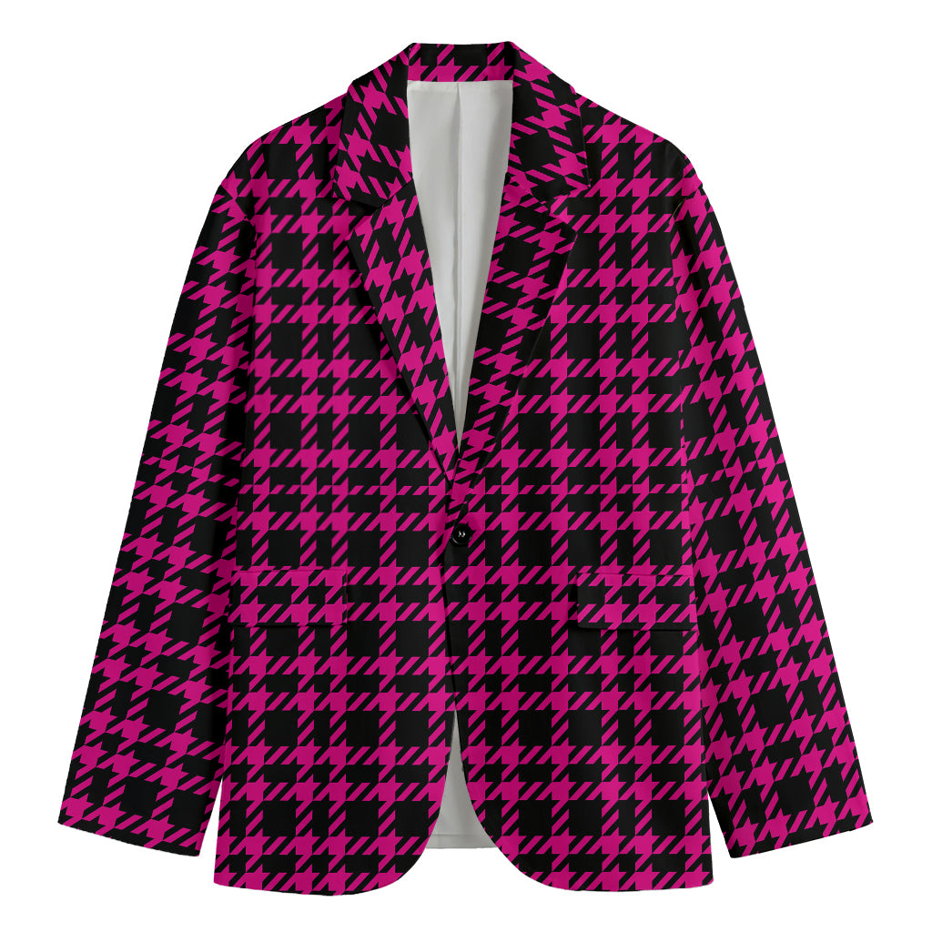 Hot Pink And Black Houndstooth Print Men's Cotton Blazer