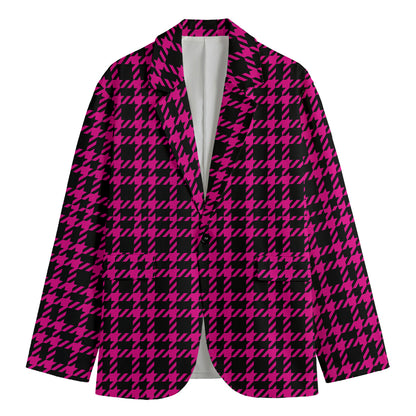 Hot Pink And Black Houndstooth Print Men's Cotton Blazer