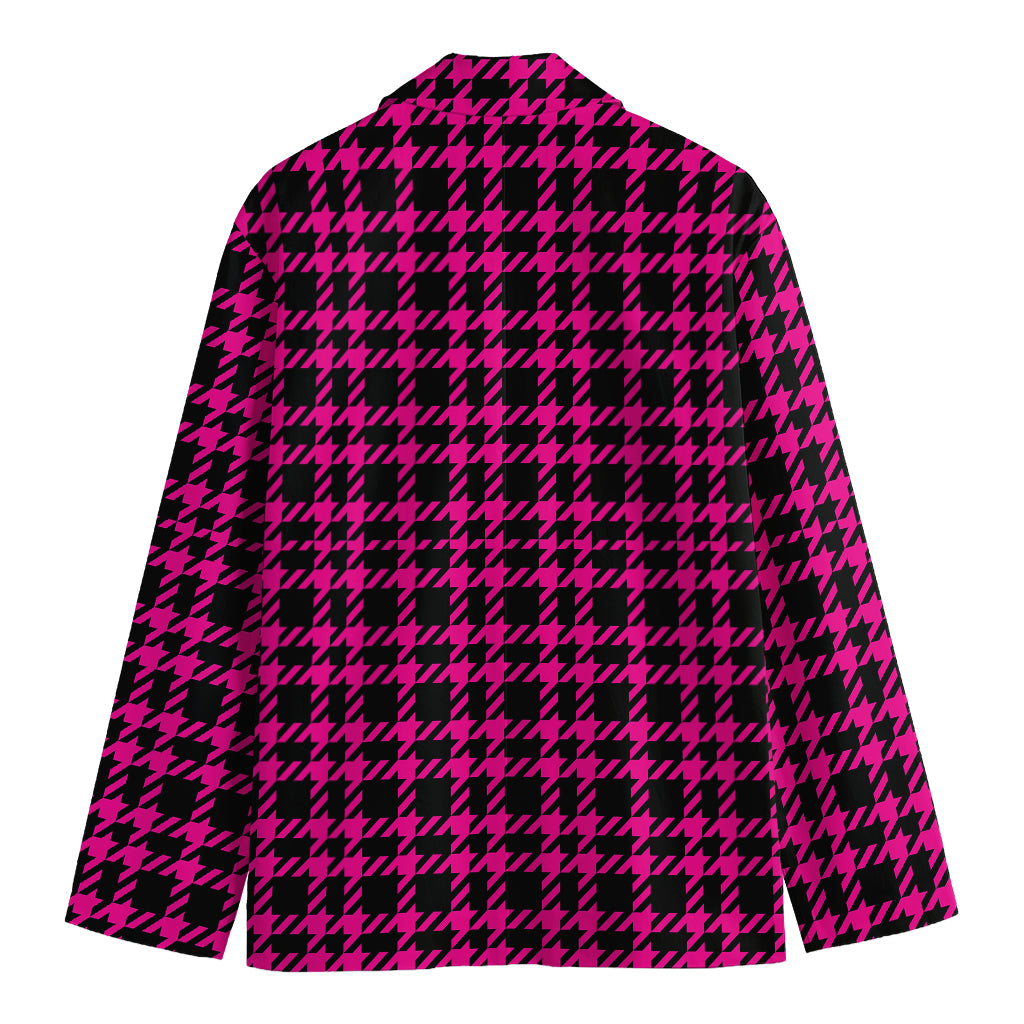 Hot Pink And Black Houndstooth Print Men's Cotton Blazer