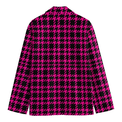 Hot Pink And Black Houndstooth Print Men's Cotton Blazer
