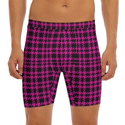 Hot Pink And Black Houndstooth Print Men's Long Boxer Briefs